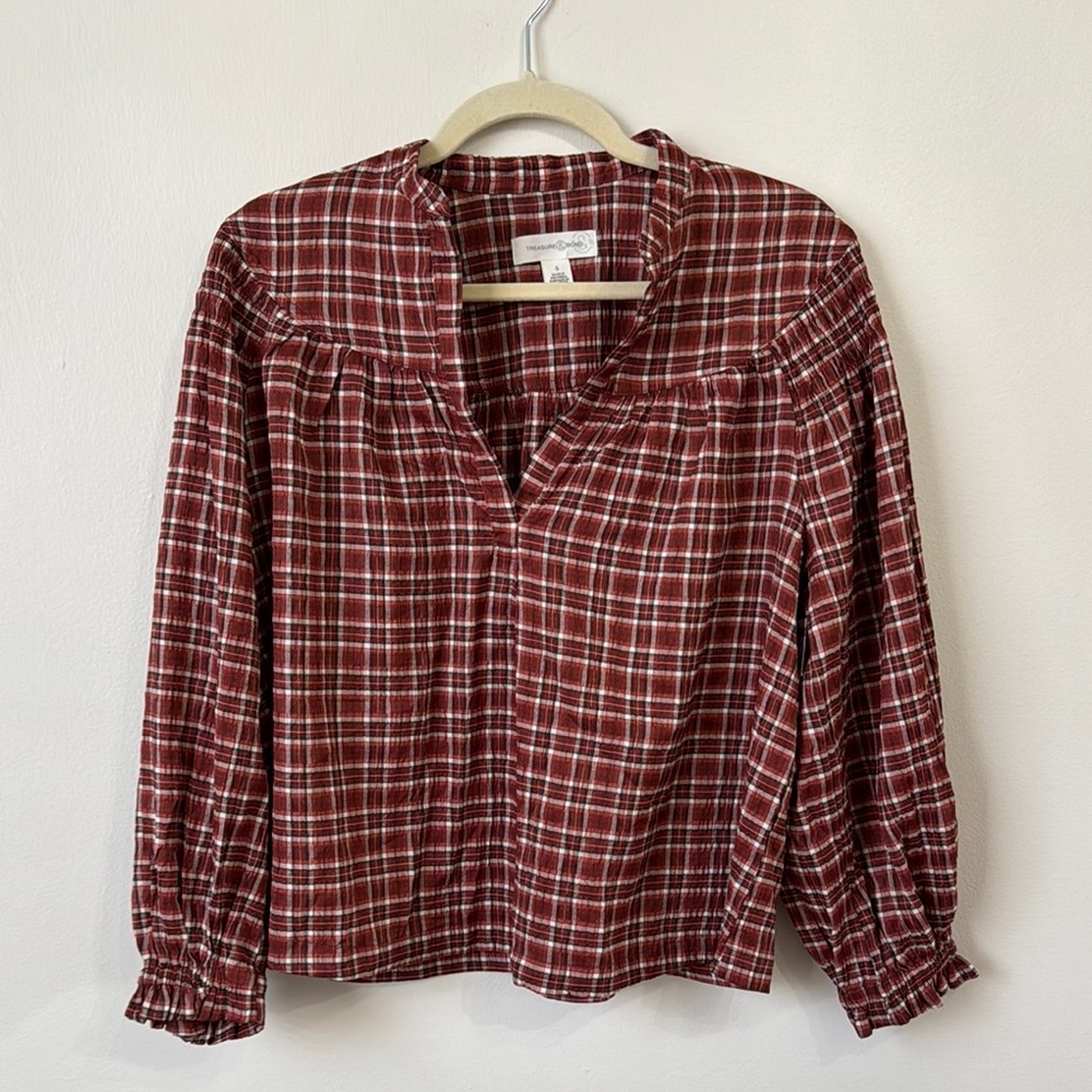 Treasure & Bond Red Plaid Blouse with Mandarin Collar NWOT